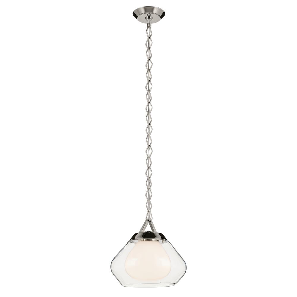 Nella 12 Inch 1 Light Pendant with Clear Outer Glass with Opal Interior Glass in Polished Nickel