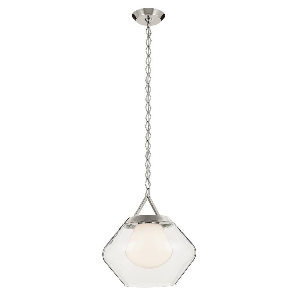 Nella 16 Inch 1 Light Pendant with Clear Outer Glass with Opal Interior Glass in Polished Nickel