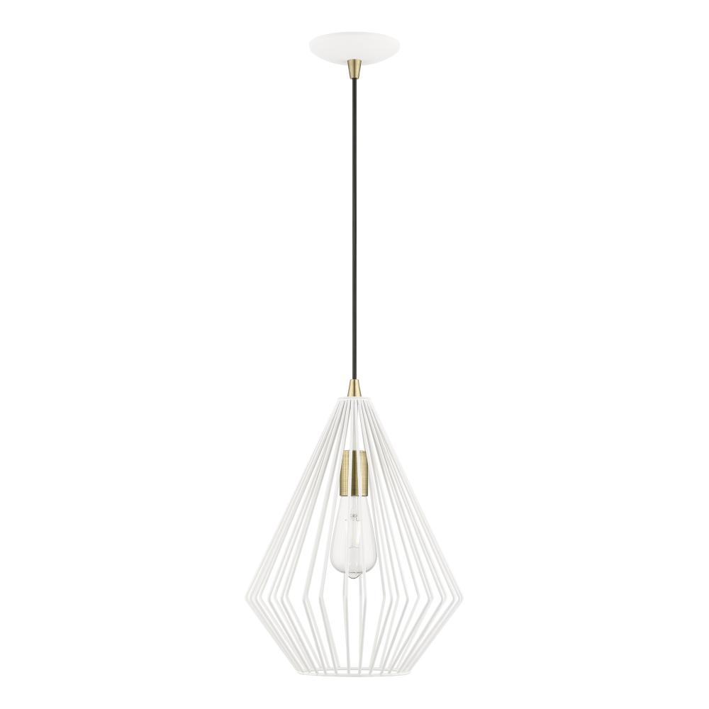 1 Light Textured White with Antique Brass Accents Pendant