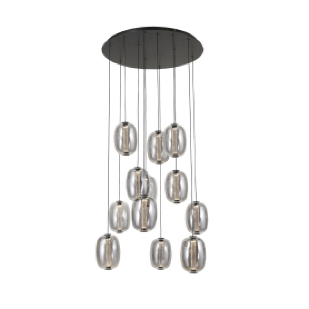 Vega Integrated LED 12 Light Chandelier, Black with Dark Smoke Glassware
