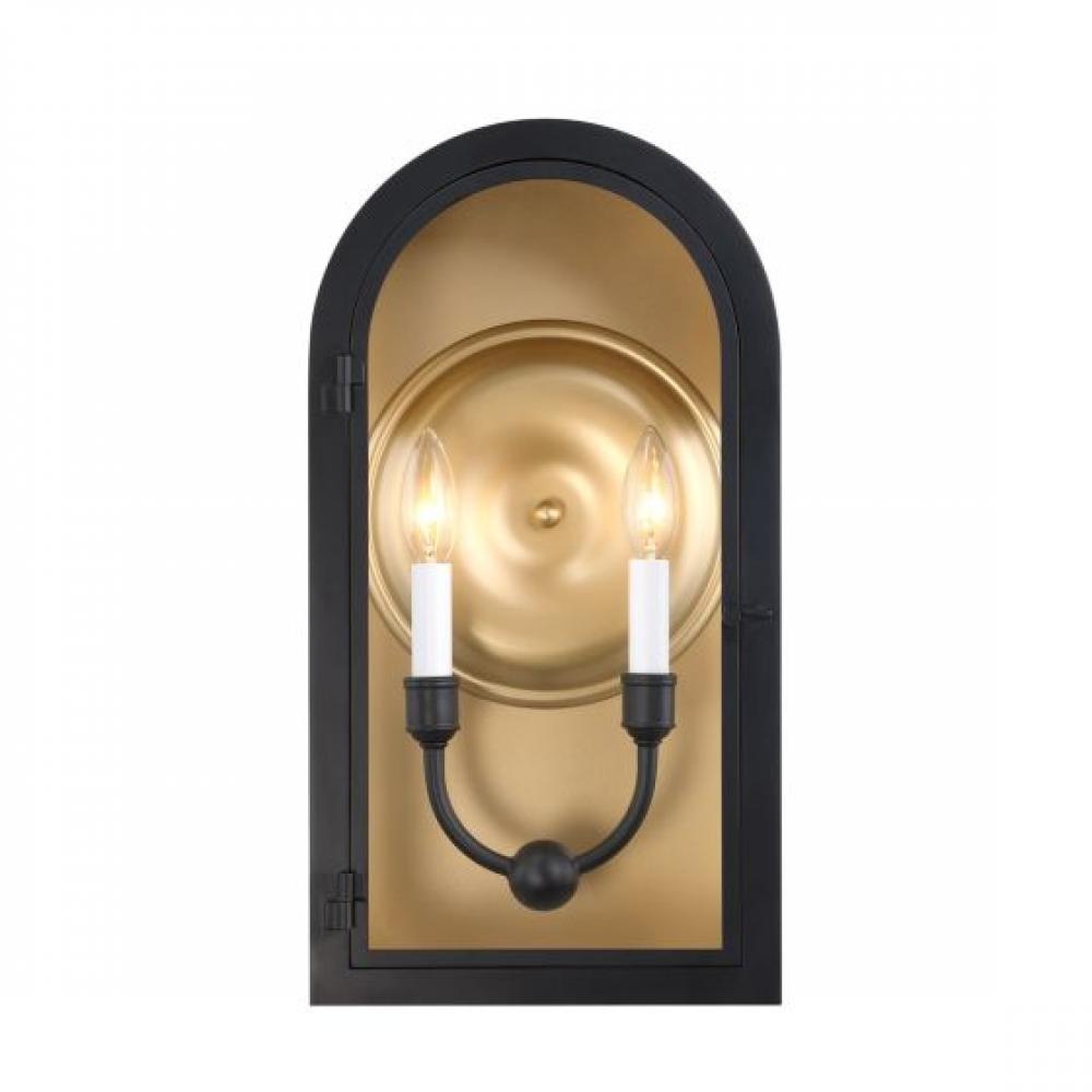 Grotto 2-Light Outdoor Wall Lantern in Matte Black with Vintage Gold