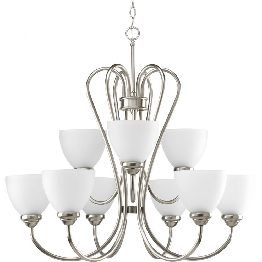 Heart Collection Nine-Light Brushed Nickel Etched Glass Farmhouse Chandelier Light