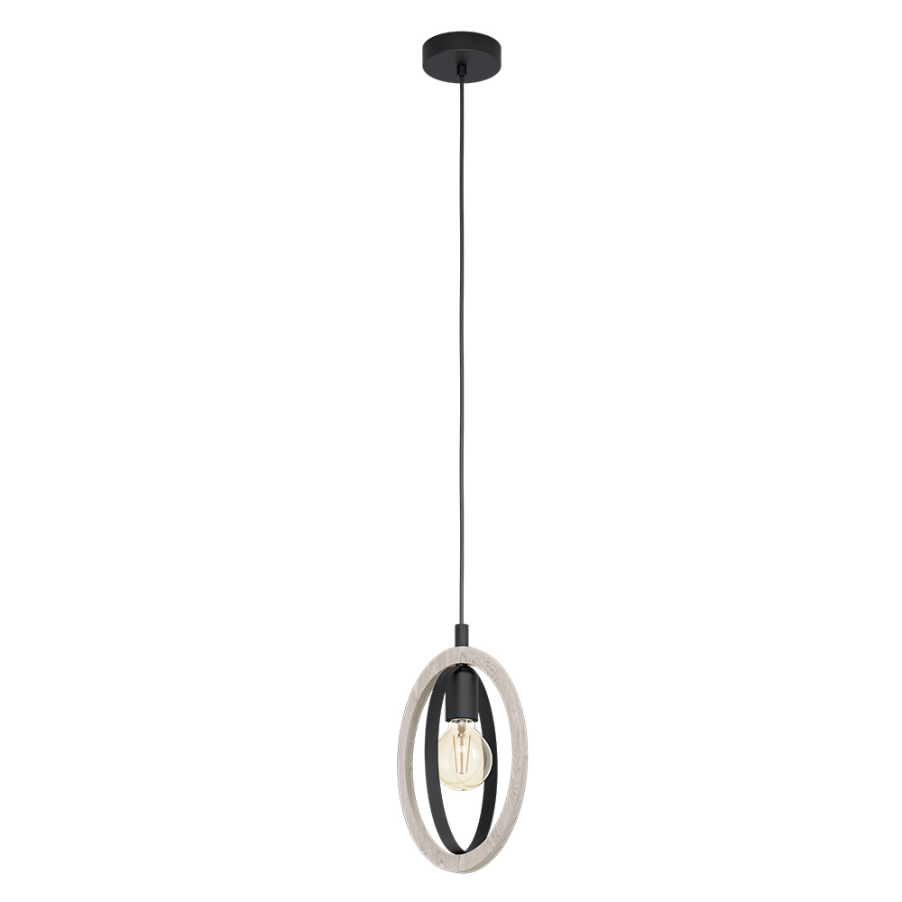 1 LT Open Bulb Mini Pendant w/ a Natural Wood and Black Finish.