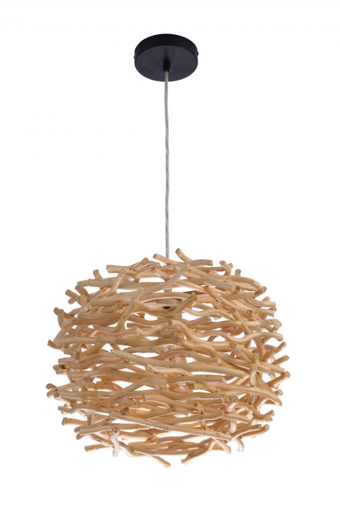 1 Light Pendant w/Wood Shade, Damp Rated