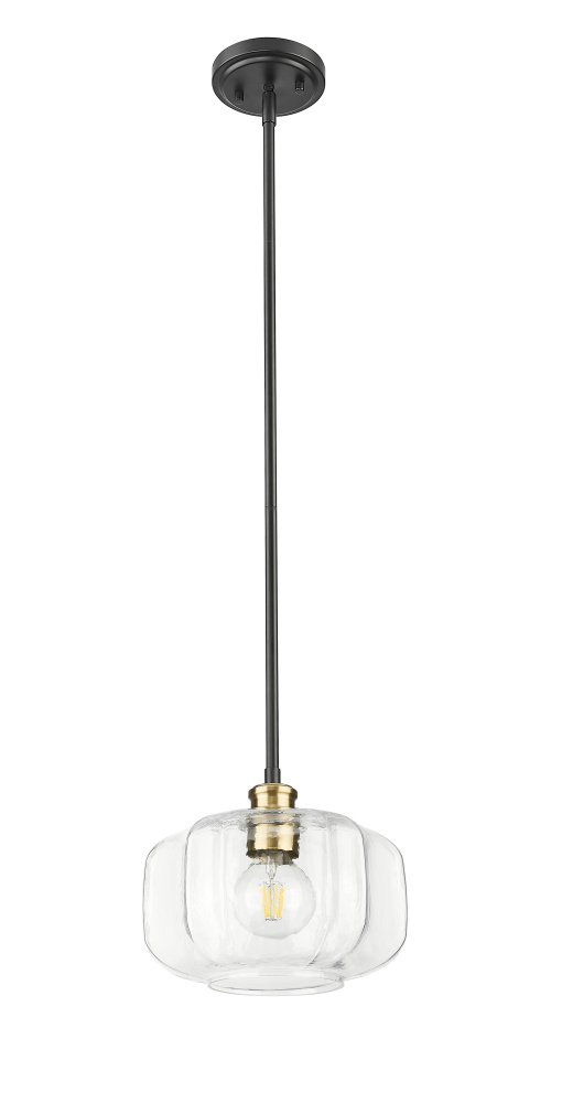 Oxley 10 in. Matte Black And Brass 1-Light Pendant With Clear Glass Globe