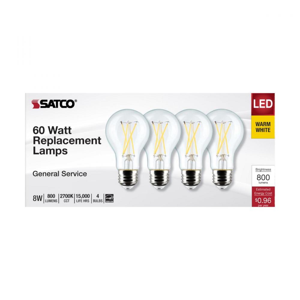8 Watt A19 LED; Clear; 2700K; Medium Base; 120 Volt; 4-Pack