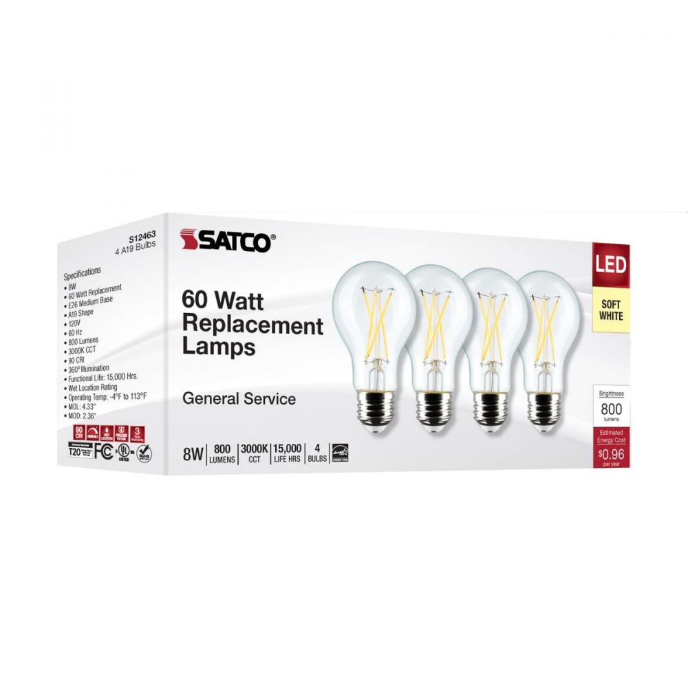 8 Watt A19 LED; Clear; 3000K; Medium Base; 120 Volt; 4-Pack