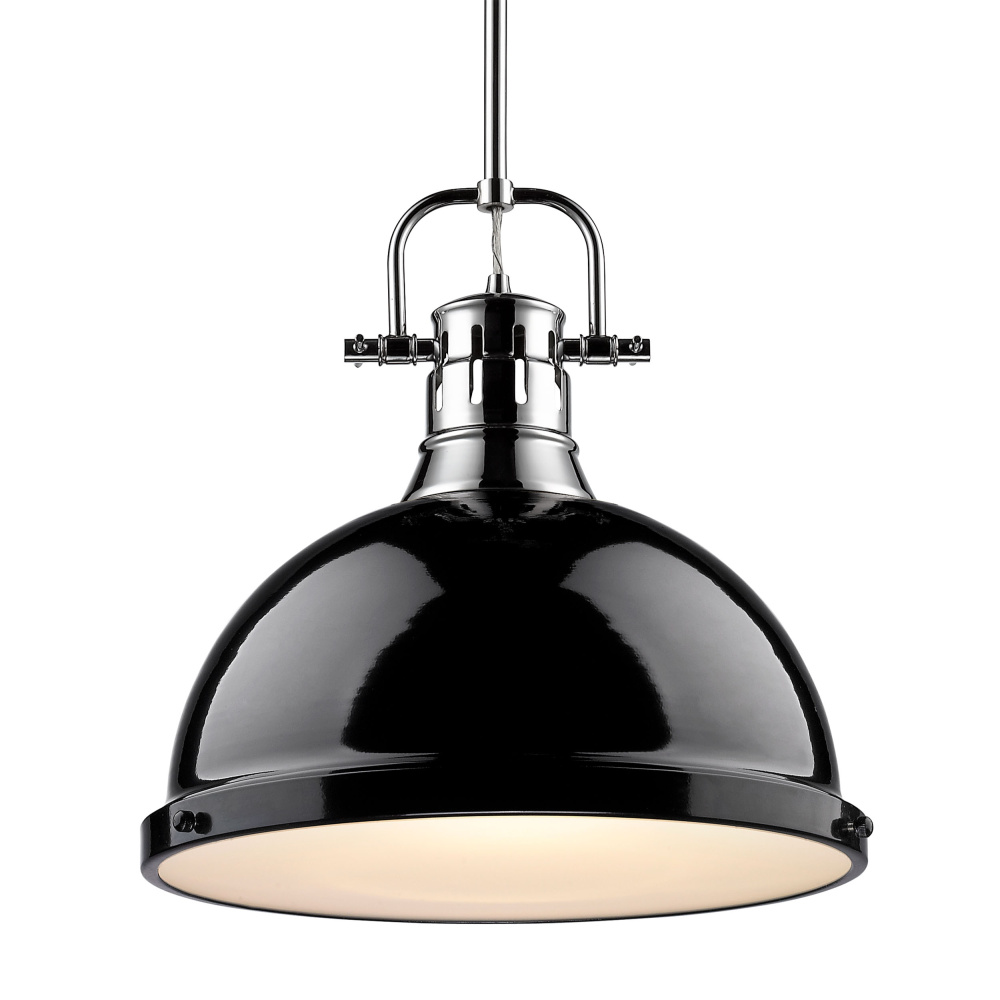 Yep by Golden Lighting Duncan 1-light 14in Rod Hung Pendant in Chrome and Black shade