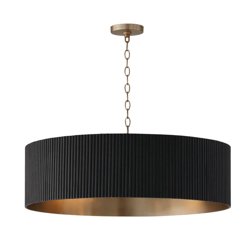 4-Light Chandelier in Matte Brass and Handcrafted Mango Wood in Black Stain