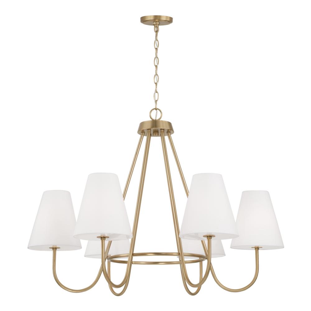 6-Light Chandelier in Matte Brass with Tapered White Fabric Shades and Glass Diffusers
