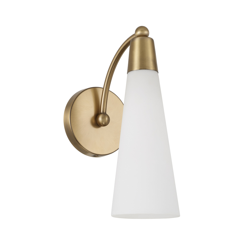 5" W x 13" H 1-Light Arm Sconce in Aged Brass with Tapered Soft White Glass