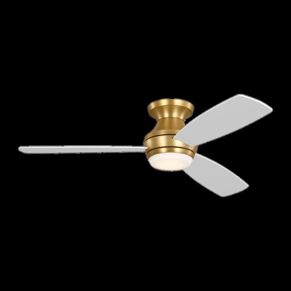 Ikon 52 Hugger LED Ceiling Fan in Burnished Brass with Matte White Blades and Light Kit