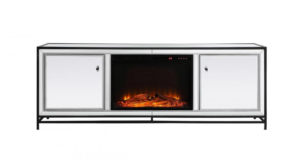 James 72 in. mirrored tv stand with wood fireplace in black