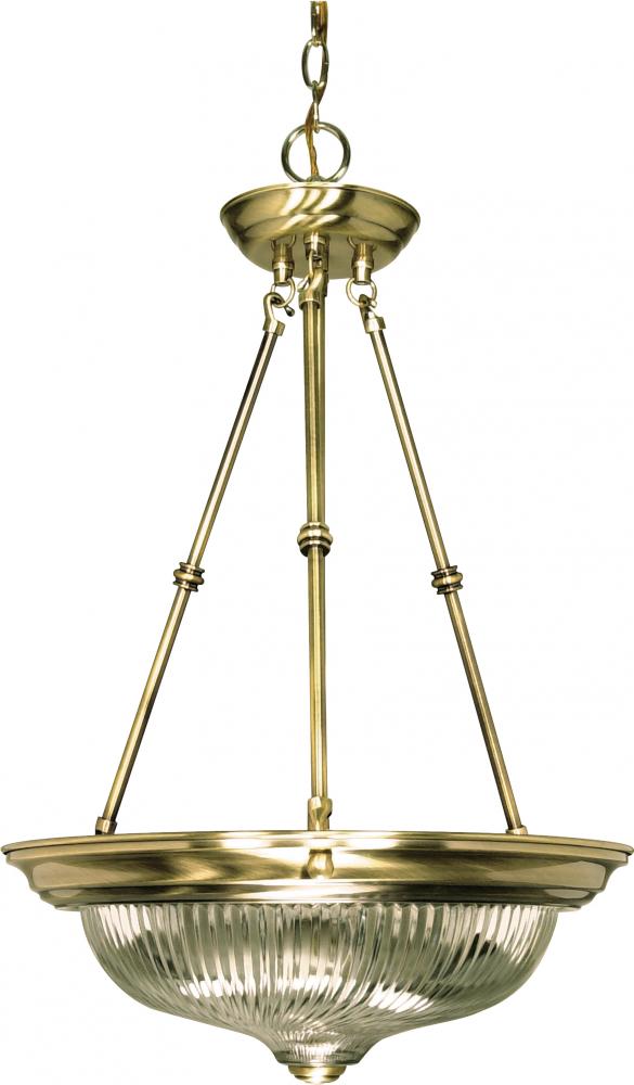 3-Light Small Hanging Pendant Light Fixture in Antique Brass Finish with Clear Swirl Glass