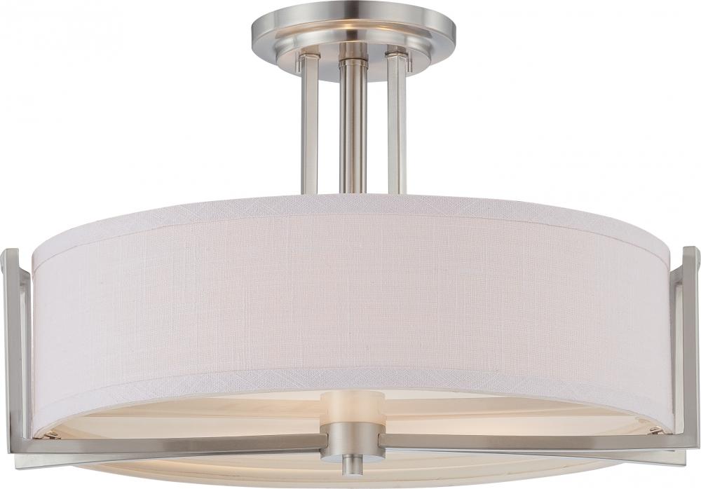 Gemini - 3 Light Semi Flush with Slate Gray Fabric Shade - Brushed Nickel Finish